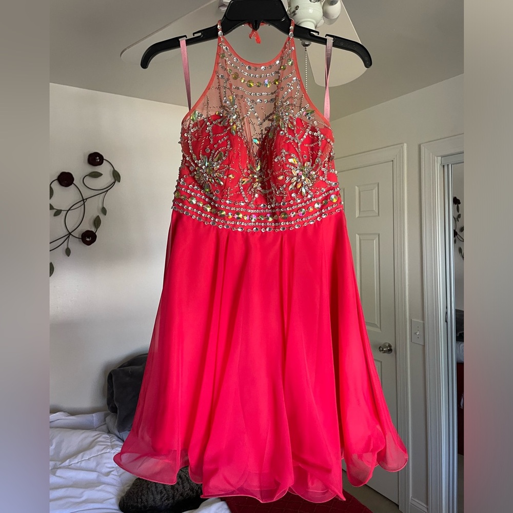 Short Hot Pink Prom / Party Dress with rhinestones.